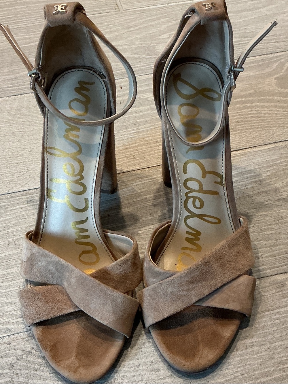 Sam Edelman Yancy Taupe Suede Crisscross Ankle-Strap 4.5” Heels Women’s Sz 11M